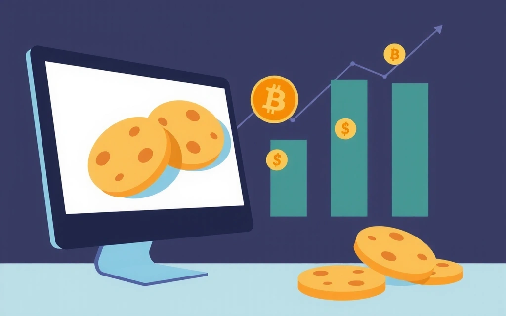 Ilustrace cookie souborů na obrazovce počítače s analytickými grafy v pozadí