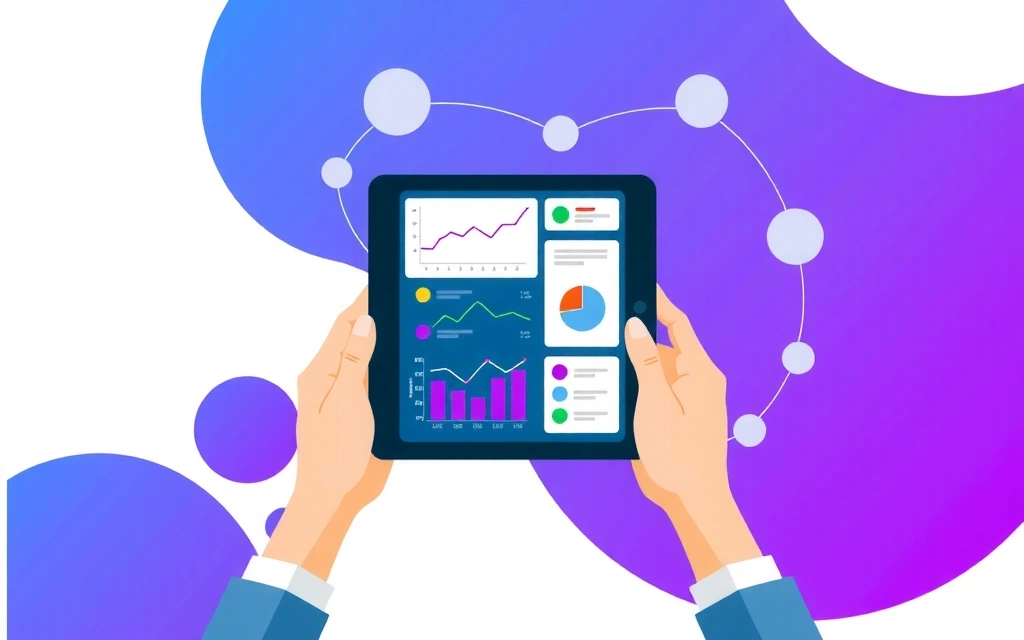 Ilustrace správy dat, ruce drží tablet s grafy a diagramy