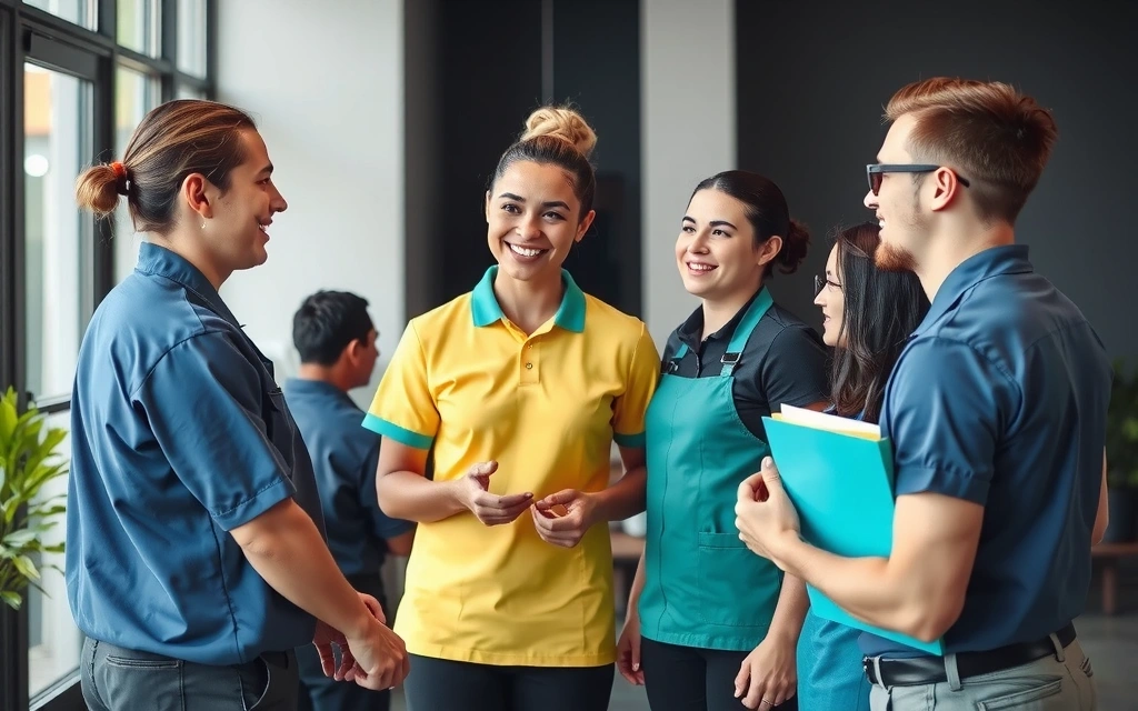 Tým úklidových specialistů diskutuje plán úklidu s klientem