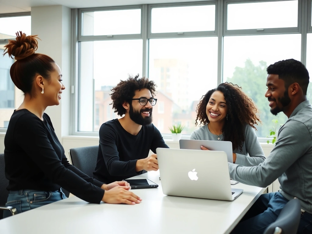 Šťastní zaměstnanci v čistém a moderním kancelářském prostředí