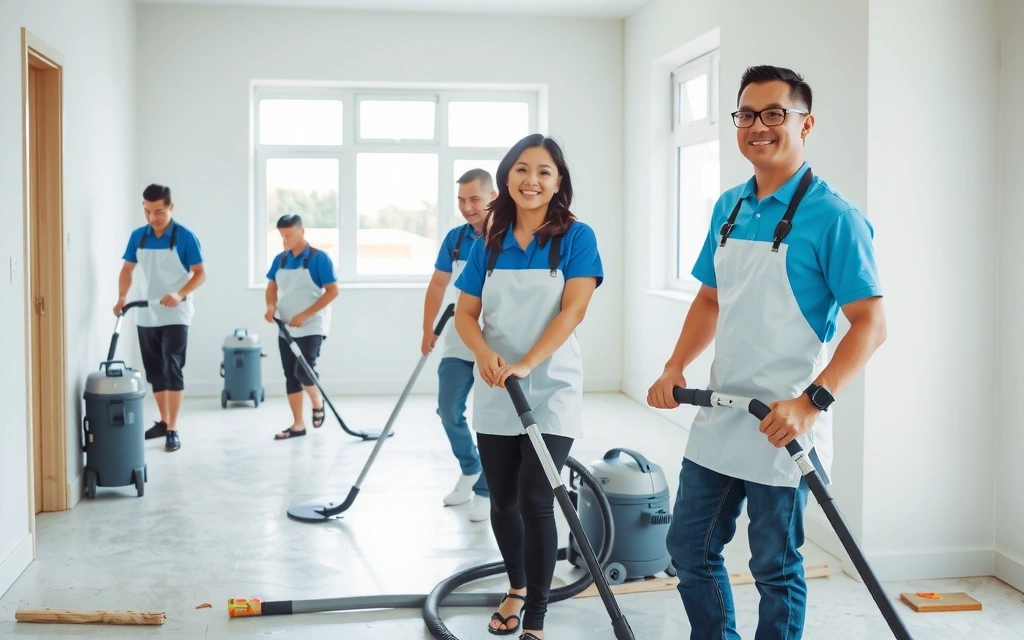 Tým profesionálů uklízí po stavbě s úsměvem a efektivitou