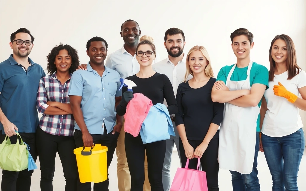Tým profesionálních uklízečů s úsměvem